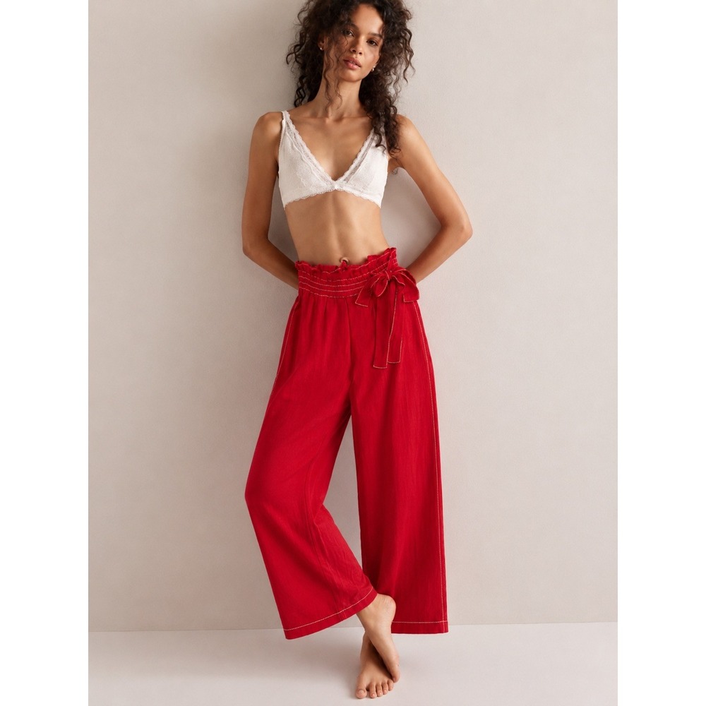 Moon River Red Wide Leg Crop Paperbag Waist Cotton Linen Pants Womens Large NWT